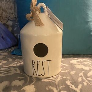 Rae Dunn Cream Ceramic Birdhouse with 'Rest' Text